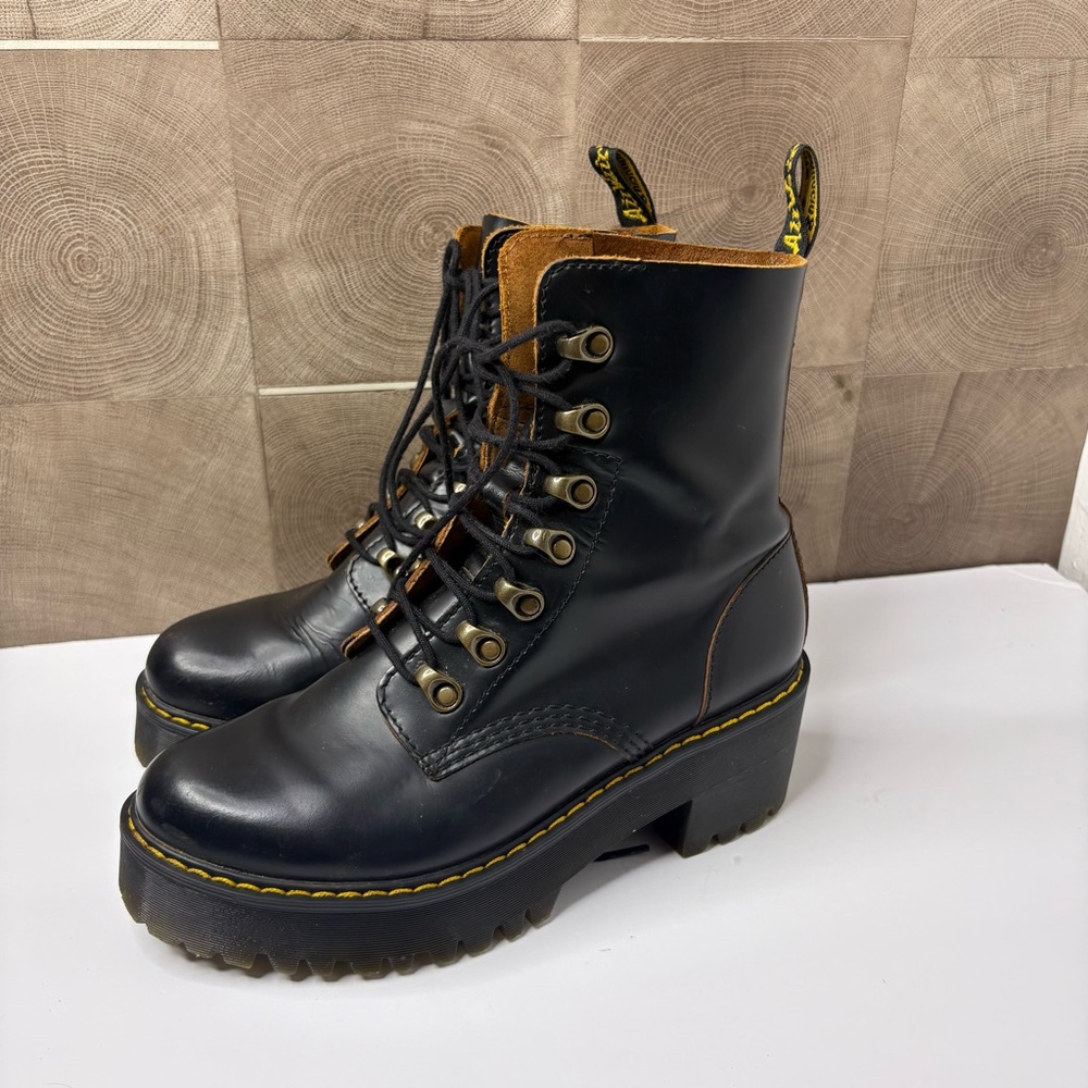 Dr. Martens Black Leather Platform Lace-Up Ankle Boots with Brown Trim
